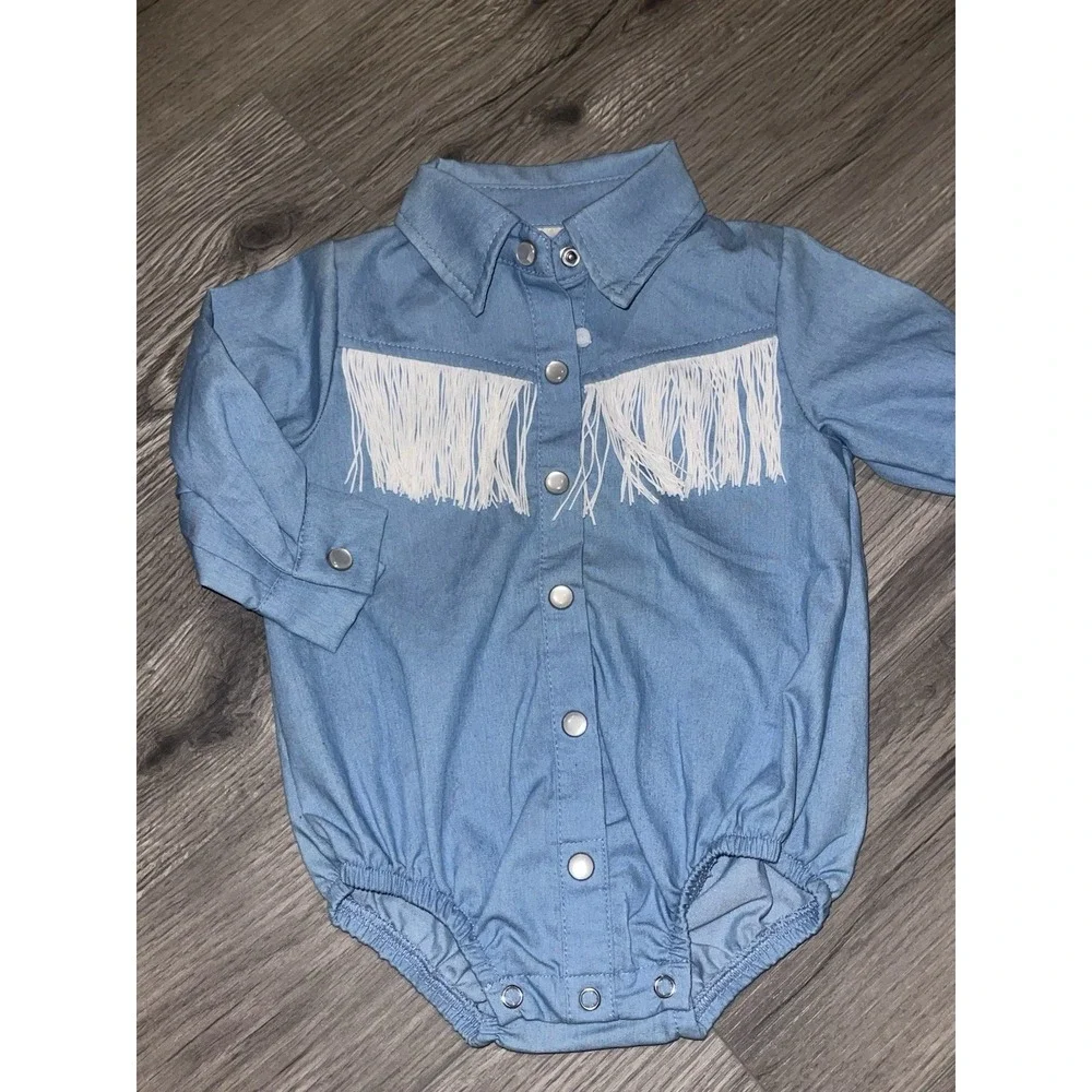 SHEA BABY DENIM FRINGE PEARL SNAP ONE PIECE Size 3-6 Months Cowgirl Western